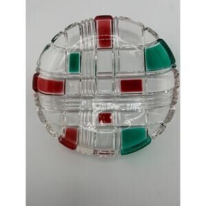 Vintage Home Beautiful Christmas Holiday Plaid Round Crystal‎ Glass Salad Plate